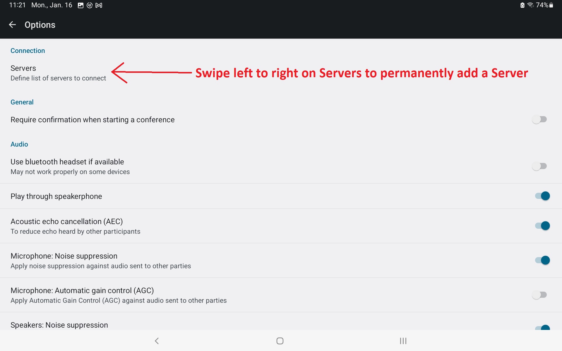 Swipe to Select the Server Options.