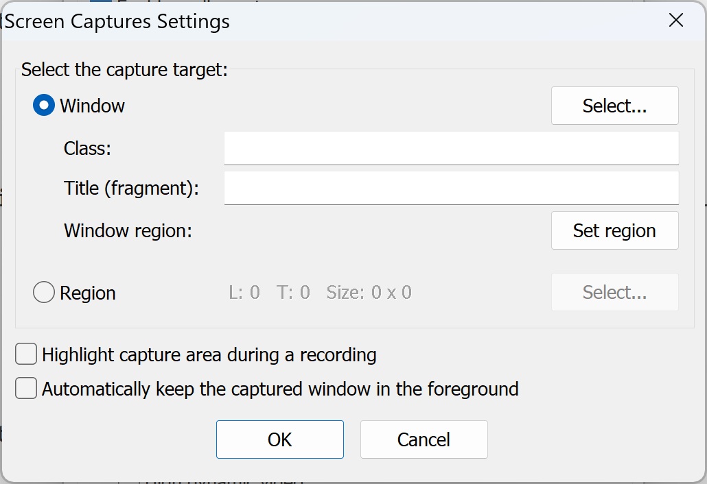 PTC Settings for Screen Capture