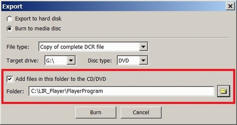 Player Export Burn options should point to the folder where the Portable Player was created