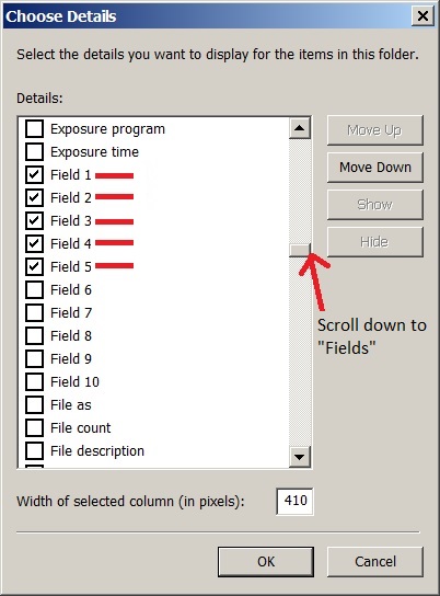Check Fields you want to show in Windows Explorer.